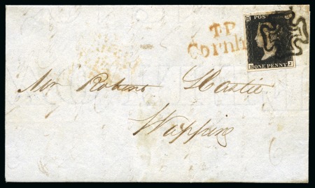 Stamp of Great Britain » The "Quercus" Collection » Change of Cancellation Ink 1840 1d Black pl.6 tied to 1840 (Nov 3) entire sent locally in London by crisp EXPERIMENTAL black MC and "T. P / Cornhill" hs