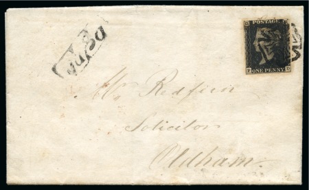 1840 1d Black pl.5 PD tied to 1841 (Mar 27) entire by crisp black distinctive Manchester "fish-tail" Maltese Cross