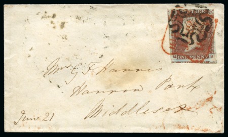 Stamp of Great Britain » The "Quercus" Collection » 1841 1d Red 1841 1d Red pl.27 QB tied to 1844 (Jun 21) envelope by neat black Maltese Cross and by red London receiving ds