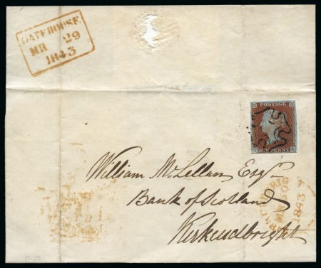 Gatehouse: 1841 1d Red TK tied to 1843 (Mar 29) wrapper by distinctive Gatehouse black Maltese Cross with empty centre