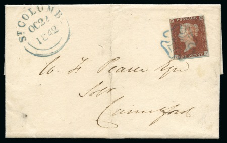 Blue: 1841 1d Red FG tied to 1842 (Oct 22) wrapper sent from St. Columb (Cornwall) by crisp blue Maltese Cross