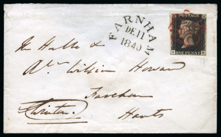 1840 1d Black pl.6 IB on 1840 (Dec 11) envelope from Farnham tied by crisp red Maltese Cross with despatch "traveller" ds adjacent