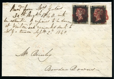Stamp of Great Britain » 1840 1d Black and 1d Red plates 1a to 11 1840 1d Black pl.1b DH & DL on 1840 (Aug 29) lettersheet from Manchester tied by neat reddish purple Maltese Crosses
