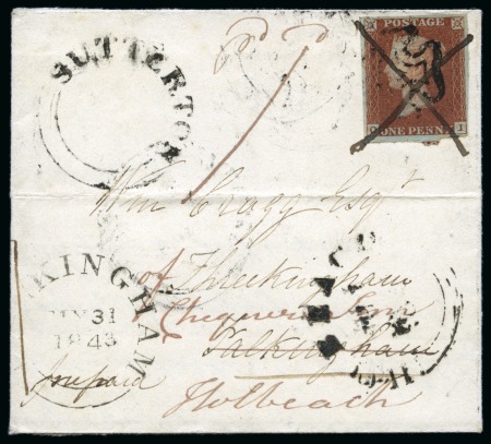 Stamp of Great Britain » The "Quercus" Collection » 1841 1d Red 1841 1d Red OI on 1843 (May 30) lettersheet from Kirton (Lincolnshire) tied by light black Maltese Cross and pen cross, redirected