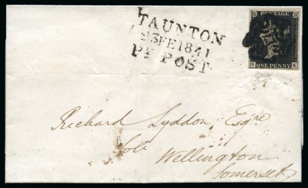 1840 1d Black pl.8 SK on 1841 (Feb 23) wrapper from Taunton to Wellington (Somerset) tied by black Maltese Cross 