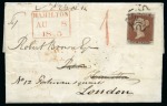 1841 1d Red PG on 1843 (Aug 7) entire from the isle of Arran (Scotland) tied by black MC, redirected to London with "1" hs