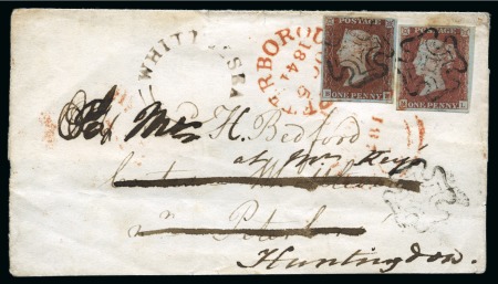 Stamp of Great Britain » The "Quercus" Collection » 1841 1d Red 1841 1d Red pl.5 ML and pl.14 BF (double B) on 1841 (Oct 5) part cover (front and top backflap) from Spilsby, redirected