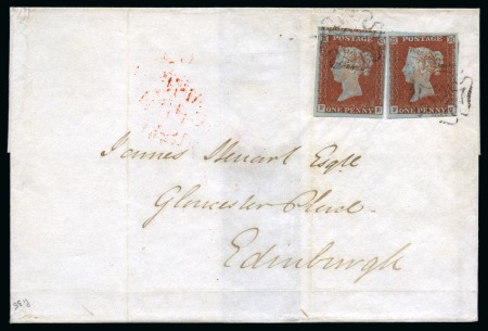 Dumfries: 1841 1d Red pl.35 FB-FC pair (joined just at top) on 1844 (Apr 18) wrapper tied by Dumfries distinctive Maltese Cross