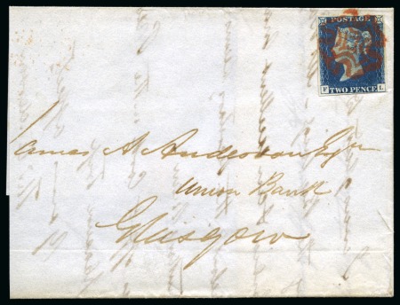 Stamp of Great Britain » The "Quercus" Collection » 1840 2d Blue 1840 2d Deep Blue pl.1 FL on 1840 (Jul 20) wrapper sent locally in Glasgow, tied by crisp red Maltese Cross,