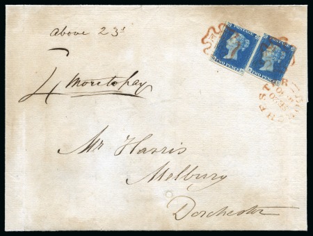 Stamp of Great Britain » 1840 2d Blue (ordered by plate number) 1840 2d Blue pl.1 QD and pl.1 RE on large wrapper tied by neat red Maltese Crosses with RE also tied by Dorchester cds, underpaid