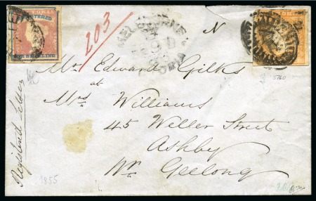 Stamp of Australia » Victoria 1855 (Feb 9) Envelope sent registered from Melbourne to Ashby with 1854 6d dull orange and 1s Registered