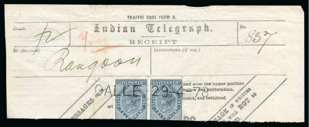 Stamp of Ceylon 1869-78 India Telegraphs 1R grey die II top halves of pair used on a telegraph receipt cancelled by "GALLE 29-4-78" datestamp