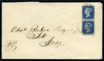 1840 2d Blue pl.1 PE-QE vertical pair, close to large margins, on 1843 (Jun 22) envelope from Eccleshill