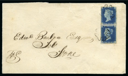 1840 2d Blue pl.1 PE-QE vertical pair, close to large margins, on 1843 (Jun 22) envelope from Eccleshill