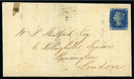 1840 2d Bright Blue pl.1 KF on 1841 (Dec 9) wrapper from Edinburgh (Scotland) to London, tied by a superb black Maltese Cross
