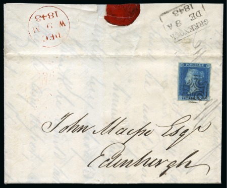 Stamp of Great Britain » 1841 2d Blue 1841 2d Blue pl.3 DC tied to 1843 (Dec 8) entire tied by neat black Greenock distinctive Maltese Cross