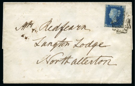 Stamp of Great Britain » The "Quercus" Collection » 1840 2d Blue 1840 2d Bright Blue pl.2 HA, fine to very large margins, on 1841 (Dec 26) wrapper from London to Northallerton 