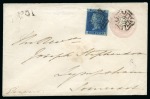 1841 2d Blue pl.3 AB, fine to good margins, on 1d pink postal stationery envelope from Bristol with "No. 01" receiving house hs