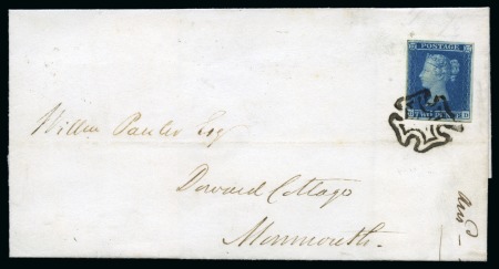 Stamp of Great Britain » The "Quercus" Collection » 1841 2d Blue 1841 2d Blue DD, close to very good margins, on 1843 (Oct 31) wrapper from Cardiff to Monmouth