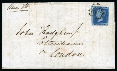 Stamp of Great Britain » 1841 2d Blue 1841 2d Blue pl.3 FG, fine to huge margins, on 1843 (Mar 3) wrapper tied by neat black Norwich distinctive Maltese Cross