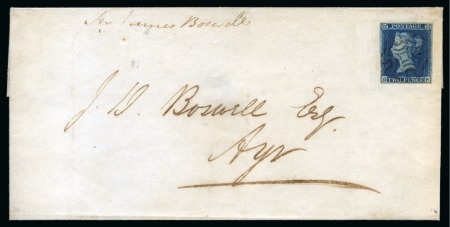 1841 2d Blue pl.3 DK, very close to good margins, on 1842 (Sep 2) wrapper cancelled by crisp black Maltese Cross