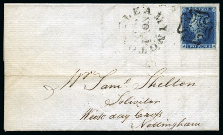 Leamington: 1841 2d Blue pl.3 JA on 1842 (Nov 1) lettersheet tied by black distinctive Leamington Maltese Cross