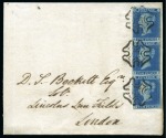 1841 2d Blue pl.3 QI-RI vert. pair and FG, all four margins, on 1843 (May 26) large part wrapper from Torrington