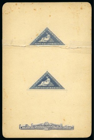 1926 4d Triangular plate proofs on card, 107x164mm, with Bradbury Wilkinson label at foot