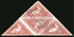 1853 1d Brick-Red on blued paper in triangular block of four, one stamp just cut into at foot, neat triangular cancels