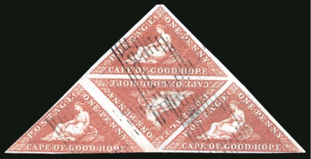 Stamp of South Africa » Cape of Good Hope 1853 1d Brick-Red on blued paper in triangular block of four, one stamp just cut into at foot, neat triangular cancels