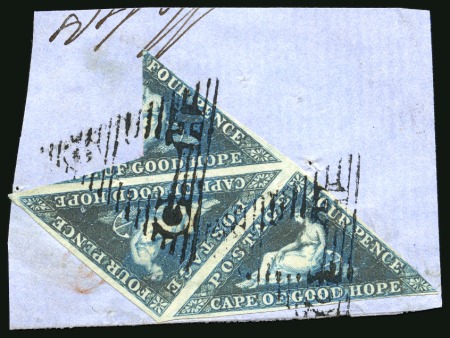 Stamp of South Africa » Cape of Good Hope 1855-63 4d Deep Blue BISECT in strip of three with two normals on piece