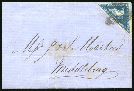 1853 4d Blue on slightly blued paper, close to large margins, tied to 1862 wrapper from Graaff Reinet