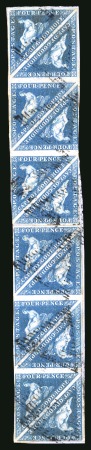 1855-63 4d Blue on white paper in two blocks of six tied to piece