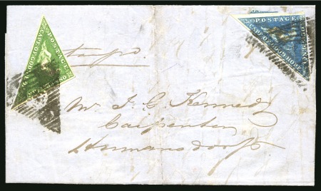 Stamp of South Africa » Cape of Good Hope 1855-63 1s Bright Yellow-Green, fine to good margins, and 4d deep blue, just cut into, tied to 1859 (Mar 28) wrapper from Port Elizabeth