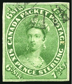 Stamp of Canada 1852-57 7 1/2d yellow green, lightly cancelled