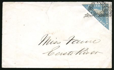 1861 Woodblock 4d pale grey-blue, just touched at foot, tied to envelope by triangular cancel