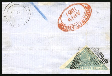 1861 Woodblock 4d pale milky blue, fine margins on two side and very large on the other, tied to piece by barred triangle