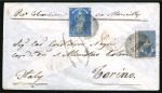 1860 (Jan 17) cover to Sardinia (only seven recorded), ranked by Campbell perf. 3d blue, pos. 8, and P. Bacon 6d bright blue