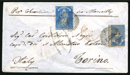 Stamp of Australia » Victoria 1860 (Jan 17) cover to Sardinia (only seven recorded), ranked by Campbell perf. 3d blue, pos. 8, and P. Bacon 6d bright blue