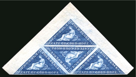 Stamp of South Africa » Cape of Good Hope 1863-64 4d Deep Blue mint og triangular block of four from the corner of the sheet