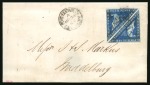 1855-63 4d Deep Blue pair, fine to good margins, on 1865 (Mar 31) wrapper from Port Elizabeth to Madelburg