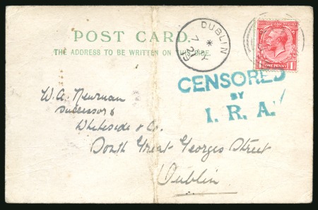 Stamp of Ireland 1921 (Jul 1) Postcard from Dundrum to Dublin with KGV 1d, indistinct cancel, with green-blue "CENSORED / BY / I. R. A." hs