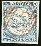 1850 2d Prussian Blue pl.II, very good margins, cancelled by "88" numeral in RED