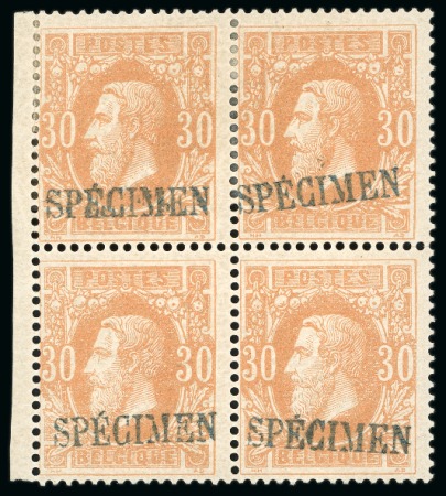 Stamp of Belgium » Belgique. 1869-83 Nouveaux types et nouvelles valeurs (COB 26-37) 30c ambre en bloc de 4 neuf avec surcharge SPÉCIMEN