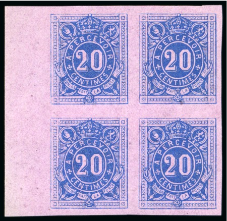 Stamp of Belgium » Timbres-Taxe Épreuves de la planche (mise en train), 10c vert et 20c bleu sur papier rose