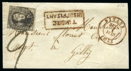 Stamp of Belgium » Belgique. 1851 Médaillons (filigrane sans cadre) - Émission 10c Brun, belles marges, sur grande partie de lettre, cachet en rouge TIMBRE INSUFFISANT à côté