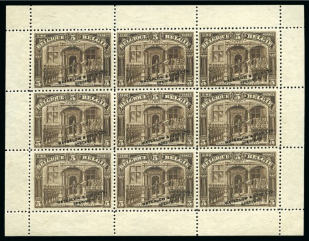 Stamp of Belgium » General issues from 1894 onwards 1915-19 5 Franken en feuillet non gommé de 9 timbres en brun-noir, surchargés Waterlow & Sons Ltd. SPECIMEN