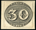 1843, 30r black, early impression, unused printed on thin, 60 microns paper 