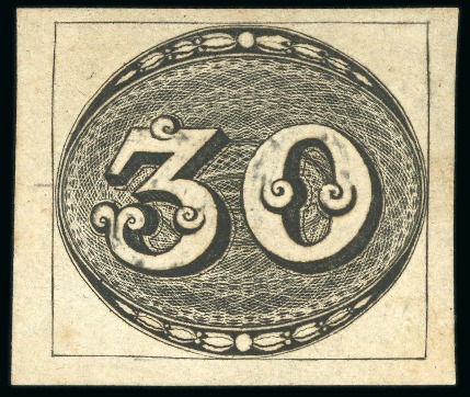 1843, 30r black, early impression, unused printed on thin, 60 microns paper 