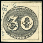 1843, 30r black, early impression, blue "CORREIO GERAL DE S.PAULO" cds